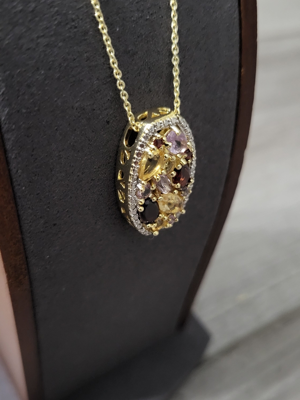 Goldtone MultiGemstone Oval Pendant Necklace - Genuine Garnet, Citrine, Amethyst - Picture 2 of 4